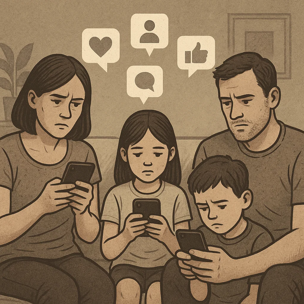 illustration of family all looking at smartphones