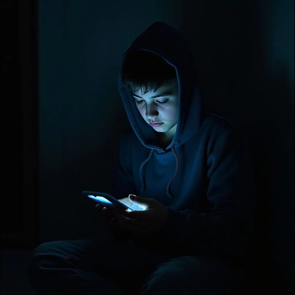 young man in a hoodies staring at his phone in a dark room